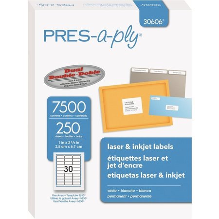 PRES-A-PLY Label, Lsr/Inkjet, 2-5/8X1, We 7500PK AVE30606